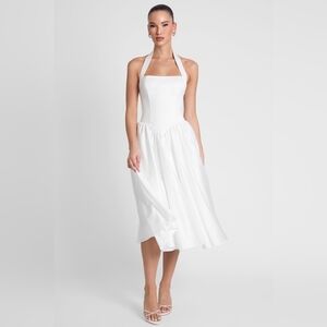 Leau White Halter Wedding Midi Dress with Flared Skirt